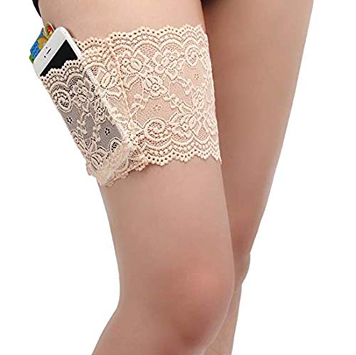 CAREOR Verdicktes Damen-Strumpfband aus Spitze, rutschfest, verdeckt, Oberschenkelhalfter mit 4 kleinen Taschen für Handy, Sicherheitstaschen Gr. S, beige von CAREOR