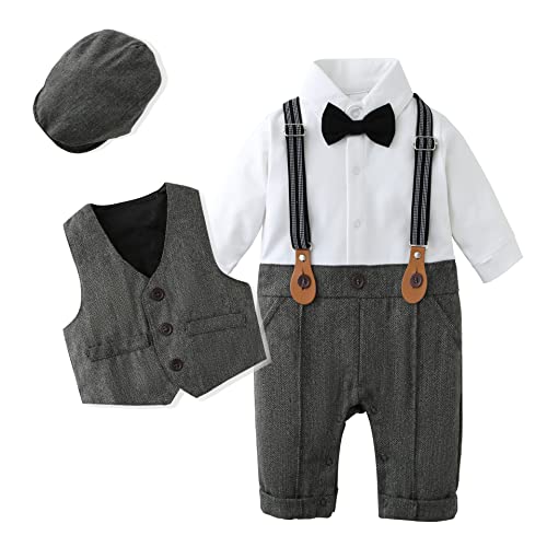 Amissz Baby Jungen Bekleidungssets 3tlg Strampler + Weste + Hut Fliege Krawatte Gentleman Set Baby Taufe Anzug - Grau - Größe 6/9 Monate von Amissz