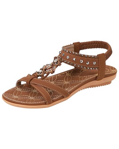 CARETOO Damen Sandalen Sommer Freizeit bequem Sandaletten Bohemian Stil Flache Offene Zehe Zehentrenner Braun, 40 EU von CARETOO