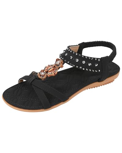 CARETOO Damen Sandalen Sommer Freizeit bequem Sandaletten Bohemian Stil Flache Offene Zehe Zehentrenner Schwarz-2, 37 EU von CARETOO