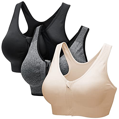 CARETOO Damen Sport BH Stark Halt Active Bra Höhe Beanspruchung Trainieren Bustier Fuer Yoga Fitness - Mit Reißverschluss Schwarz + Grau + Beige, XXL von CARETOO