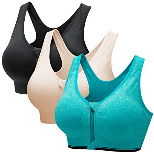 CARETOO Damen Sport BH Stark Halt Active Bra Höhe Beanspruchung Trainieren Bustier Fuer Yoga Fitness - Mit Reißverschluss Schwarz + Hellblau + Beige, M von CARETOO
