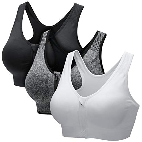 CARETOO Damen Sport BH Stark Halt Active Bra Höhe Beanspruchung Trainieren Bustier Fuer Yoga Fitness - Mit Reißverschluss Schwarz + Weiß + Grau, S von CARETOO
