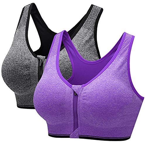 CARETOO Damen Sport BH Stark Halt Active Bra Höhe Beanspruchung Trainieren Bustier Fuer Yoga Fitness - Mit Reißverschluss Grau + Lila, S von CARETOO