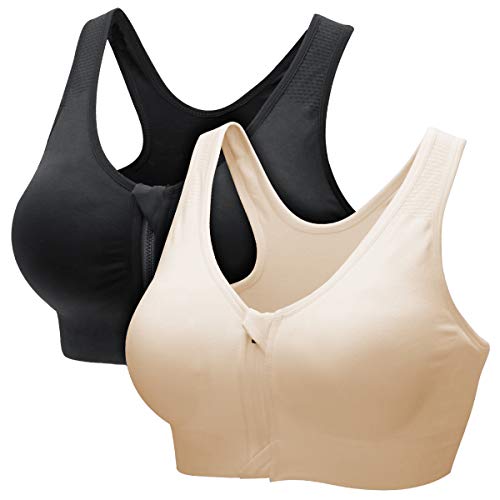 CARETOO Damen Sport BH Stark Halt Active Bra Höhe Beanspruchung Trainieren Bustier Fuer Yoga Fitness - Mit Reißverschluss Schwarz + Beige, M von CARETOO