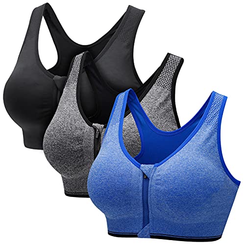 CARETOO Damen Sport BH Stark Halt Active Bra Höhe Beanspruchung Trainieren Bustier Fuer Yoga Fitness - Mit Reißverschluss Schwarz + Grau + Blau, XXL von CARETOO