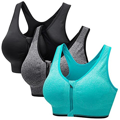CARETOO Damen Sport BH Stark Halt Active Bra Höhe Beanspruchung Trainieren Bustier Fuer Yoga Fitness - Mit Reißverschluss Schwarz + Grau + Hellblau, M von CARETOO