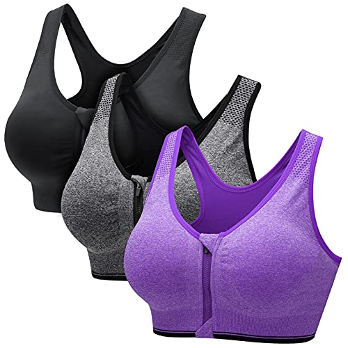 CARETOO Damen Sport BH Stark Halt Active Bra Höhe Beanspruchung Trainieren Bustier Fuer Yoga Fitness - Mit Reißverschluss Schwarz + Grau + Lila, XXL von CARETOO