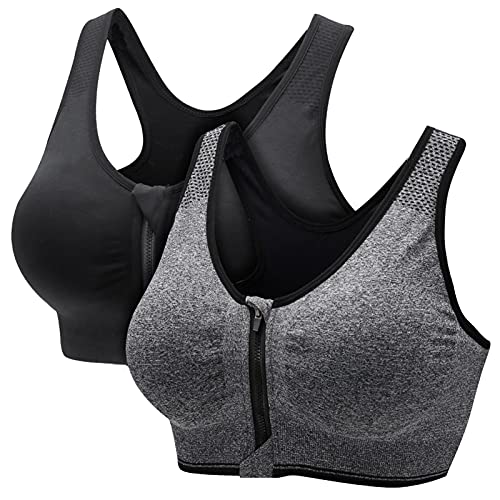 CARETOO Damen Sport BH Stark Halt Active Bra Höhe Beanspruchung Trainieren Bustier Fuer Yoga Fitness - Mit Reißverschluss Schwarz + Grau, L von CARETOO