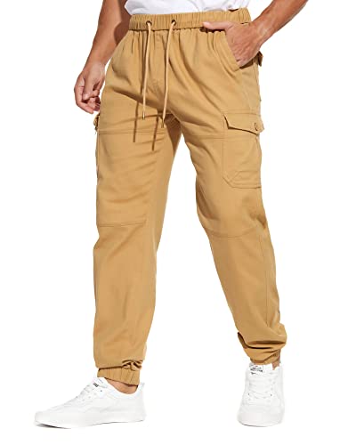 CARETOO Jogginghose Herren Baumwolle Jogger Stretch Sporthose Freizeithose Cargo Chino Casual Hose mit Taschen Slim Fit Herren Hose (Khaki, L) von CARETOO