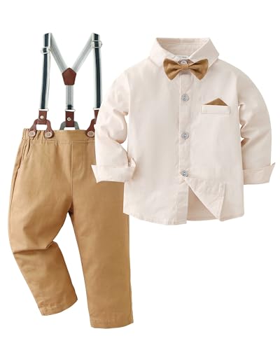 CARETOO Kleinkind Jungen Kleidung Anzug Gentleman Hochzeit Outfits Kinder formelles Kleid Hemd Fliege Lange Strapshose Overalls 1-5T, Beige, 2-3 Jahre von CARETOO