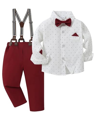 CARETOO Kleinkind Jungen Kleidung Anzug Gentleman Hochzeit Outfits Kinder formelles Kleid Hemd Fliege Lange Strapshose Overalls 1-5T, Burgunder, 18-24 Monate von CARETOO