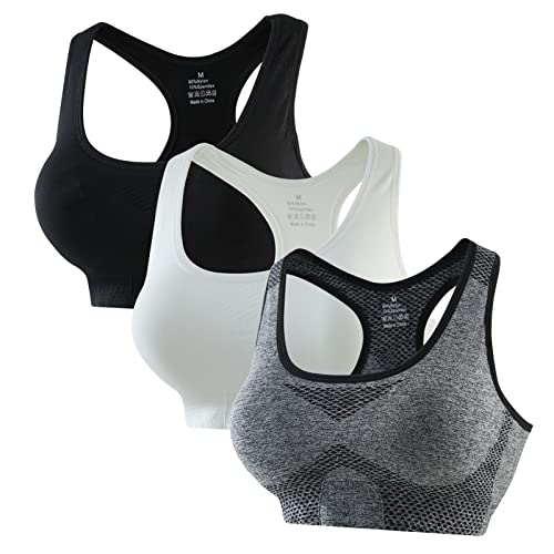 CARETOO Sport BH Damen Push Up Klassische Comfort Sport Frauen Atmungsaktiv Bustier Gepolstert Seamless Sports Bras Set Ohne Bügel Joggen Yoga Fitness (Schwarz+weiß+grau, XL) von CARETOO