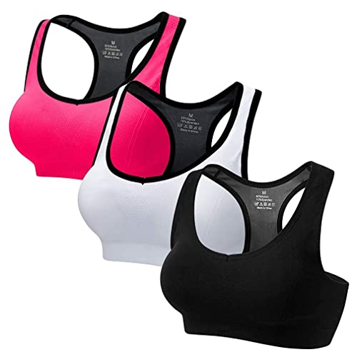 CARETOO Sport BH Damen Push Up Klassische Comfort Sport Frauen Atmungsaktiv Bustier Gepolstert Seamless Sports Bras Set Ohne Bügel Joggen Yoga Fitness Schwarz+Weiß+Rot-4, L von CARETOO