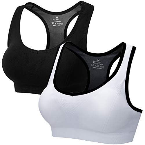 CARETOO Sport BHs für Frauen Racerback Medium High Impact Sport Fitness Yoga 2 Packs (Schwarz+Weiß, M Fit 70DD 70E 75D 80BC 85BC) von CARETOO