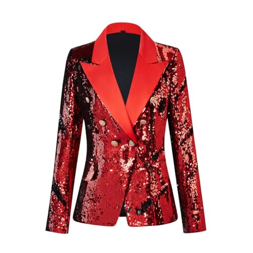 CARFFIV Damen Mode Zweireihige Bankett Party Urlaub Pailletten Langarm Jacken,Red+Black,XL von CARFFIV
