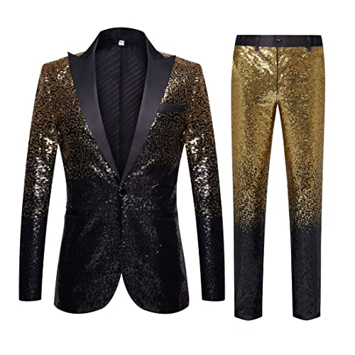 CARFFIV Herren Mode Farbverlauf Farben Pailletten Zweiteiliges Set Anzüge,Gold Black,XXL von CARFFIV