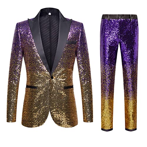 CARFFIV Herren Mode Farbverlauf Farben Pailletten Zweiteiliges Set Anzüge (3XL, Purple Gold) von CARFFIV