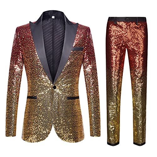 CARFFIV Herren Mode Farbverlauf Farben Pailletten Zweiteiliges Set Anzüge (3XL, Red Gold) von CARFFIV