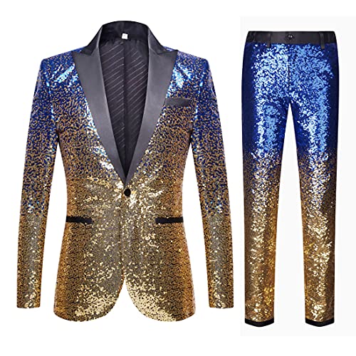 CARFFIV Herren Mode Farbverlauf Farben Pailletten Zweiteiliges Set Anzüge (M, Blue Gold) von CARFFIV
