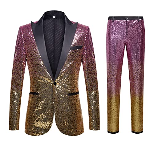 CARFFIV Herren Mode Farbverlauf Farben Pailletten Zweiteiliges Set Anzüge (S, Pink Gold) von CARFFIV
