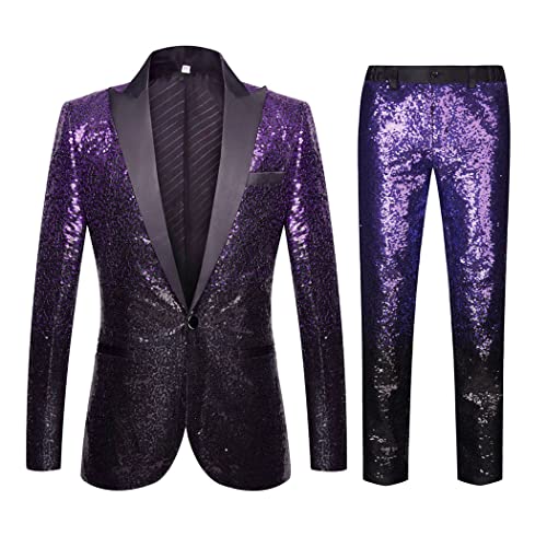 CARFFIV Herren Mode Farbverlauf Farben Pailletten Zweiteiliges Set Anzüge (XXL, Purple Black) von CARFFIV