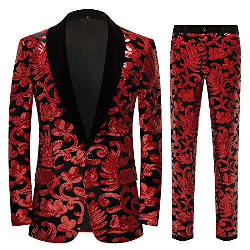 CARFFIV Herren Modische Blumenmuster Pailletten Zweiteiler Set Anzüge,Red,3XL von CARFFIV