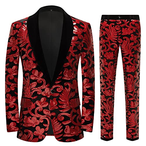 CARFFIV Herren Modische Blumenmuster Pailletten Zweiteiler Set Anzüge,Red,M von CARFFIV