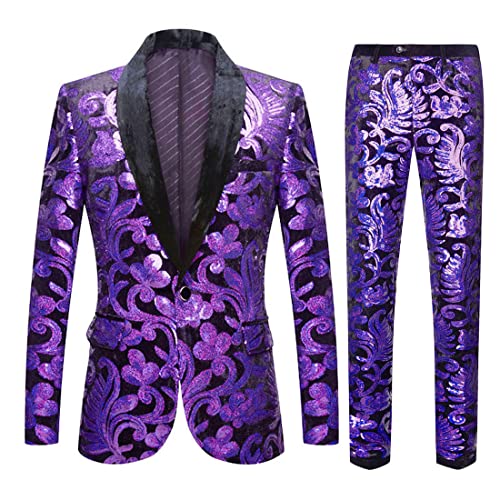 CARFFIV Herren Modische Blumenmuster Pailletten Zweiteiler Set Anzüge (3XL, Purple) von CARFFIV