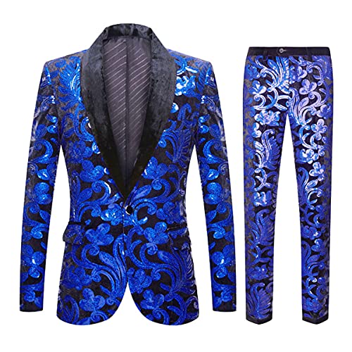 CARFFIV Herren Modische Blumenmuster Pailletten Zweiteiler Set Anzüge (3XL, Royal Blue) von CARFFIV