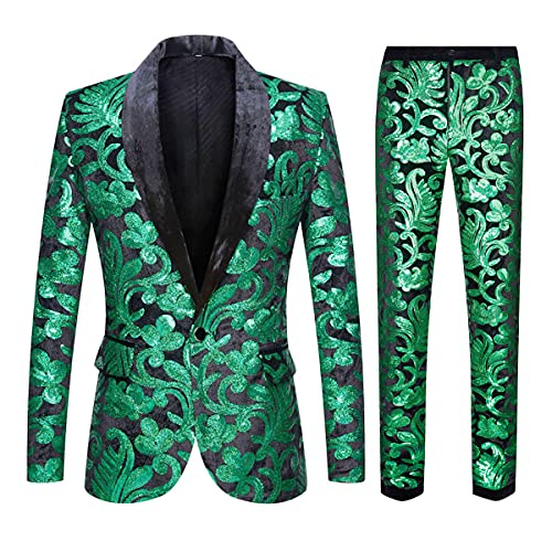 CARFFIV Herren Modische Blumenmuster Pailletten Zweiteiler Set Anzüge (L, Green) von CARFFIV