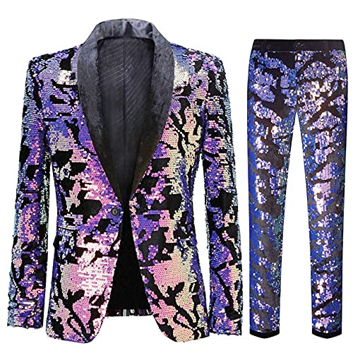 CARFFIV Herren Modische Blumenmuster Pailletten Zweiteiler Set Anzüge (L, Map Purple) von CARFFIV