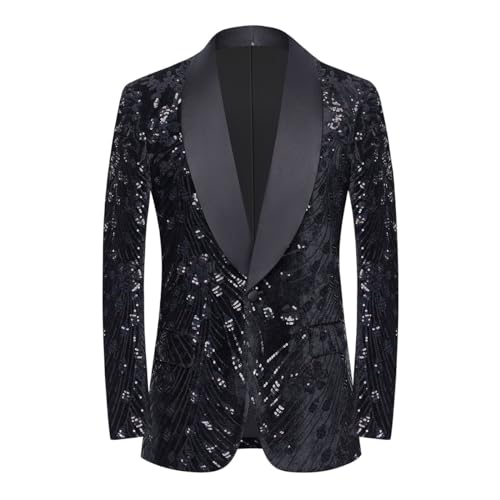 CARFFIV Männer Pailletten Samt Bühne Party Prom Hochzeit Abendessen Symmetrie Anzug Jacke Blazer,Black,L von CARFFIV