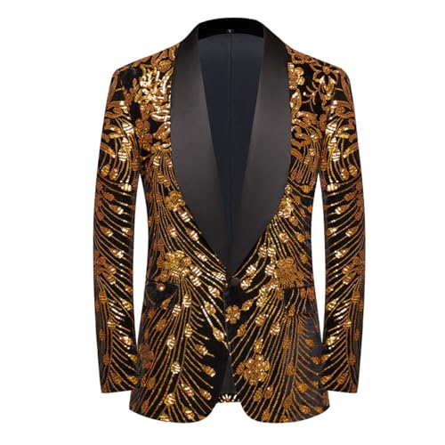 CARFFIV Männer Pailletten Samt Bühne Party Prom Hochzeit Abendessen Symmetrie Anzug Jacke Blazer,Gold,3XL von CARFFIV