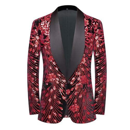 CARFFIV Männer Pailletten Samt Bühne Party Prom Hochzeit Abendessen Symmetrie Anzug Jacke Blazer,Red,L von CARFFIV