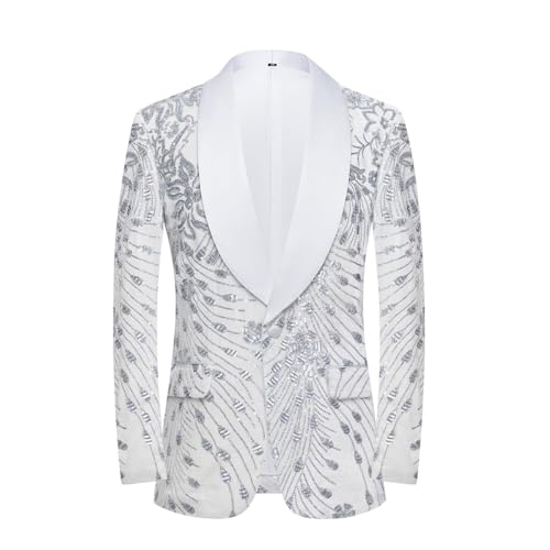 CARFFIV Männer Pailletten Samt Bühne Party Prom Hochzeit Abendessen Symmetrie Anzug Jacke Blazer,White,XXL von CARFFIV