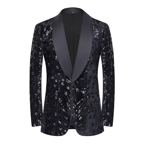 CARFFIV Men's Sequins Velvet Stage Party Prom Wedding Dinner Symmetry Suit Jacket Blazer,Black,XS von CARFFIV