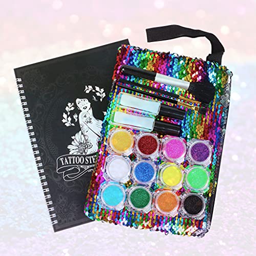 CARGEN Make-up-Glitzer-Tattoo-Set für den Körper mit Tattoo-Schablone 12 Große Glitzerfarben Glitzernde Temporäre Tattoos für Kinder Magisches Fake-Tattoo-Set Kunst und Handwerk für Mädchen von CARGEN