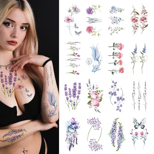 CARGEN Temporäres Tattoo mit Aquarellblumen 16 Blätter Lavendel kleine Blume Violetter Schmetterling Rose Tulpe Fake-Tattoo Wasserfeste Kunst für Kinder Mädchen Frauen Gesicht Körper Arme von CARGEN