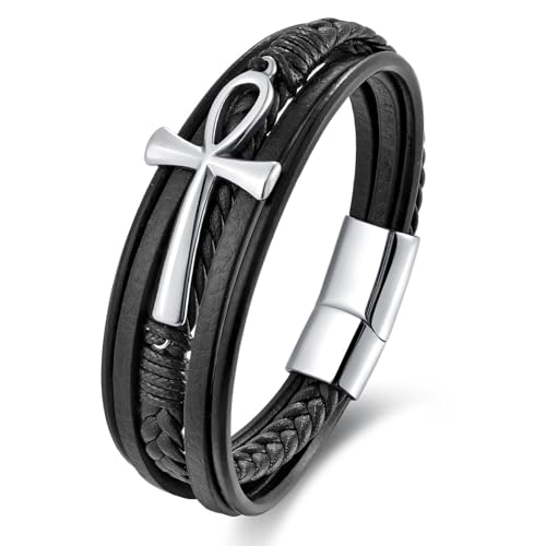 CARICY Kreuz-Lederarmband für Herren, mehrlagig, geflochten, Glaube, Kreuz, Gedenkarmband, Armreif, Edelstahl-Schnalle, religiöser Schmuck, 7.67 in, Zirkonia CARICY Kreuz-Lederarmband für Herren, mehrlagig, geflochten, Glaube, Kreuz, Gedenkarmband, Armreif, Edelstahl-Schnalle, religiöser Schmuck, 7.67 in, Zirkonia von CARICY