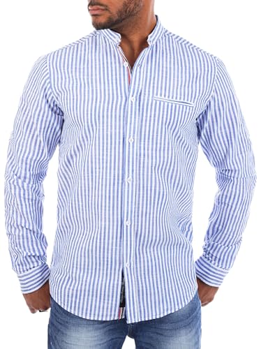 Carisma Herren Baumwoll Leinen Mix Stehkragen Hemd gestreift Langarm 8455, Grösse:M, Farbe:Blau von Carisma