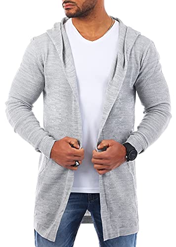 Carisma Herren Feinstrick Cardigan leichte Weste Strickjacke mit Kapuze Lange Passform Oversize Long fit 7717, Grösse:M, Farbe:Grau von Carisma