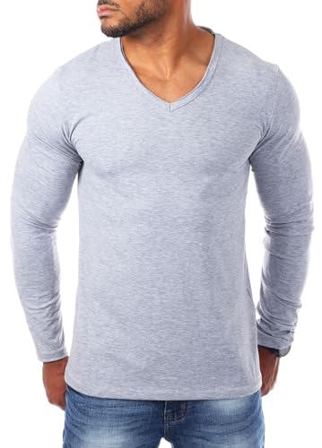 Carisma Herren Uni Basic Langarm T-Shirt Longsleeve mit tiefem V-Ausschnitt Vintage Look Kragen Effekt einfarbig Dehnbare Passform 3428, Grösse:M, Farbe:Grau - Melange von Carisma