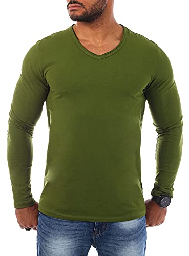 Carisma Herren Uni Basic Langarm T-Shirt Longsleeve mit tiefem V-Ausschnitt Vintage Look Kragen Effekt einfarbig Dehnbare Passform 3428, Grösse:3XL, Farbe:Oliv-Grün von Carisma