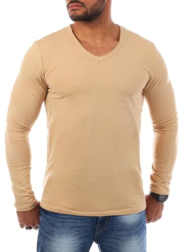 Carisma Herren Uni Basic Langarm T-Shirt Longsleeve mit tiefem V-Ausschnitt Vintage Look Kragen Effekt einfarbig Dehnbare Passform 3428, Grösse:L, Farbe:Camel von Carisma