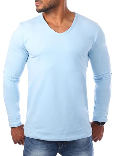 Carisma Herren Uni Basic Langarm T-Shirt Longsleeve mit tiefem V-Ausschnitt Vintage Look Kragen Effekt einfarbig Dehnbare Passform 3428, Grösse:S, Farbe:Hellblau von Carisma