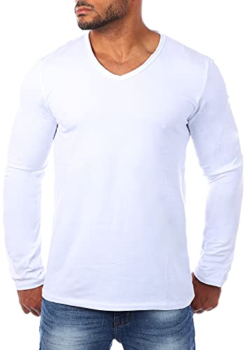 Carisma Herren Uni Basic Langarm T-Shirt Longsleeve mit tiefem V-Ausschnitt Vintage Look Kragen Effekt einfarbig Dehnbare Passform 3428, Grösse:S, Farbe:Weiß von Carisma