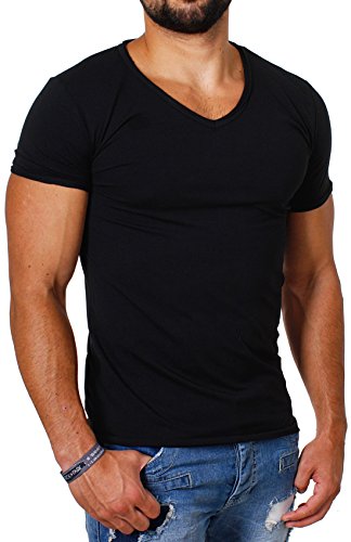 Carisma Herren Uni Basic T-Shirt mit tiefem V-Ausschnitt Vintage Destroyed Kragen Effekt einfarbig Dehnbare Passform, Grösse:S, Farbe:Schwarz von Carisma