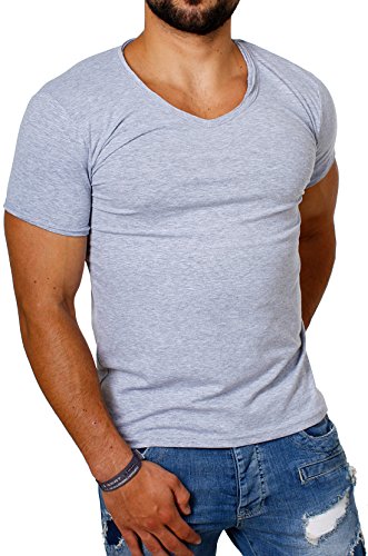 Carisma Herren Uni Basic T-Shirt mit tiefem V-Ausschnitt Vintage Destroyed Kragen Effekt einfarbig Dehnbare Passform, Grösse:L, Farbe:Grau von Carisma