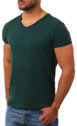 Carisma Herren Uni Basic T-Shirt mit tiefem V-Ausschnitt Vintage Destroyed Kragen Effekt einfarbig Dehnbare Passform, Grösse:M, Farbe:Dunkelgrün von Carisma